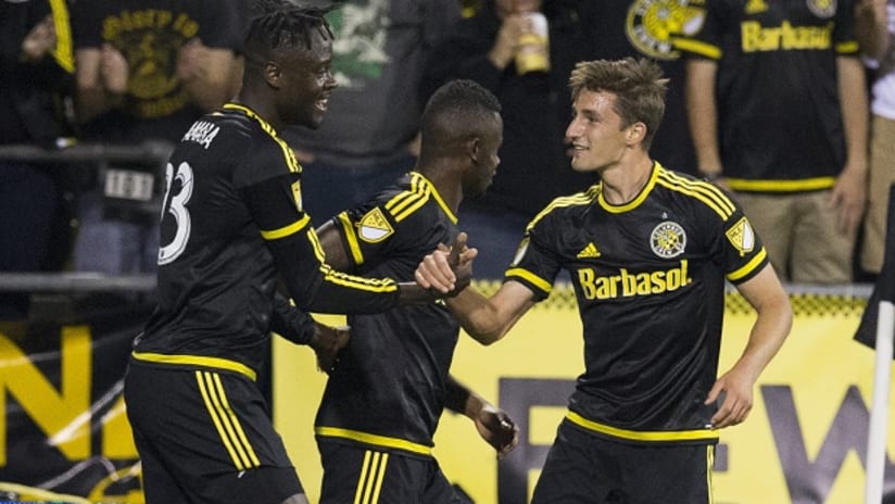 Kei Kamara and Ethan Finlay celebrate after scoring for Columbus Crew SC