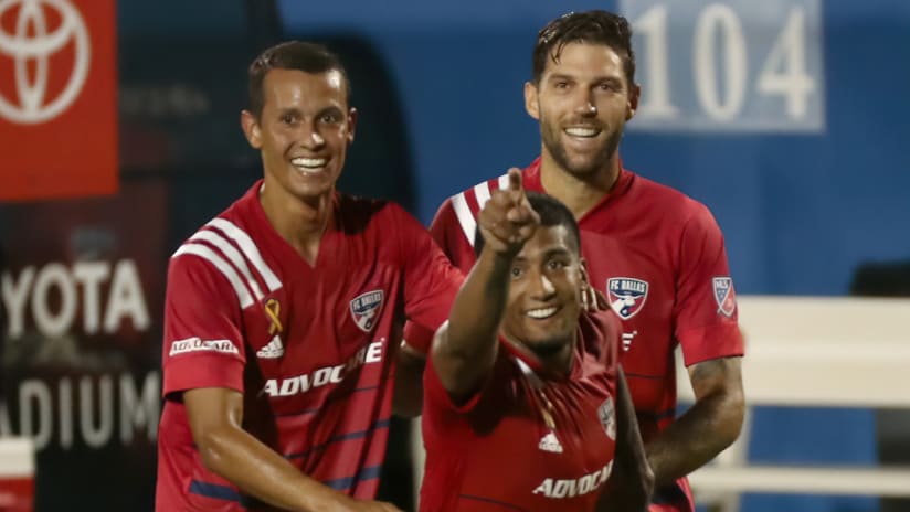 Andres Ricaurte - Santiago Mosquera - Ryan Hollingshead - FC Dallas celebrate a goal