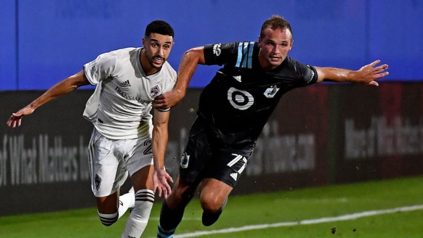 Chase Gasper on the ball vs. Columbus Crew SC at MLS is Back