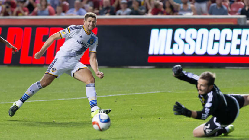 Real Salt Lake goalkeeper Jeff Attinella saves the shot of Los Angeles Galaxy midfielder Steven Gerrard