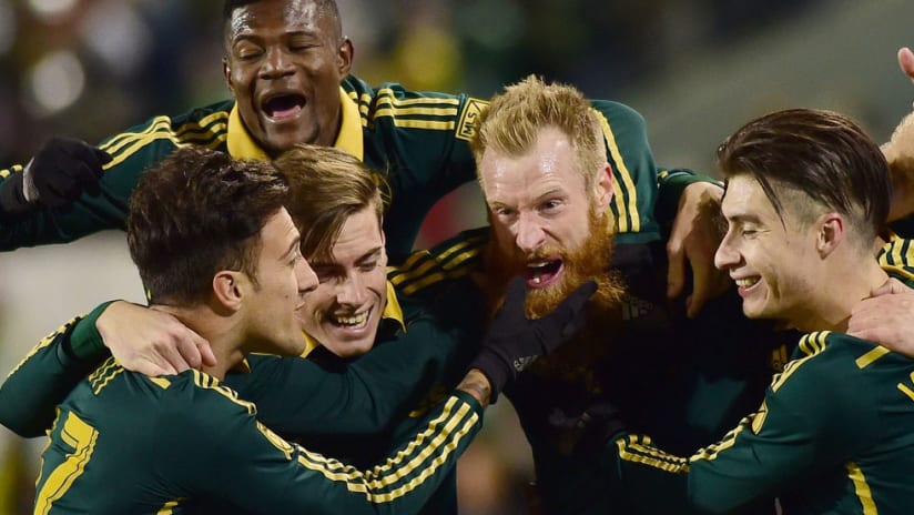 Portland Timbers celebrate Nat Borchers goal vs. FC Dallas Maxi Urruti Jorge Villafana Dairon Asprilla Lucas Melano