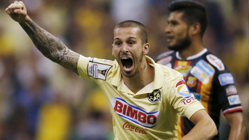 Club America's Dario Benedetto celebrates a CCL goal vs. Herediano