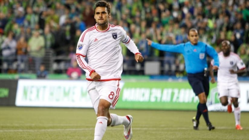 Chris Wondolowski (San Jose Earthquakes) after scoring a goal against Seattle Sounders