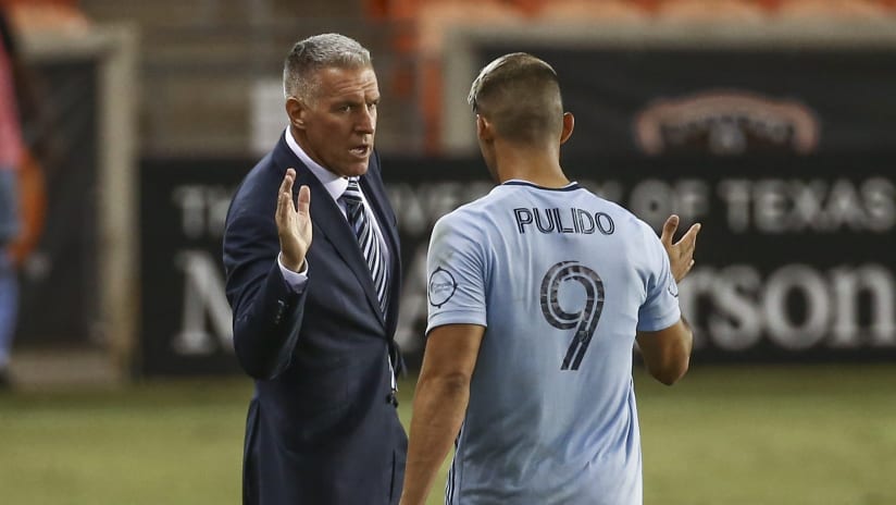 Peter Vermes, Alan Pulido high five - Sporting Kansas City - October 3, 2020