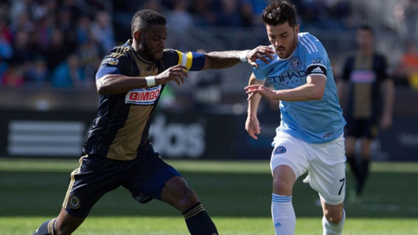 Maurice Edu of the Philadelphia Union and David Villa of NYCFC