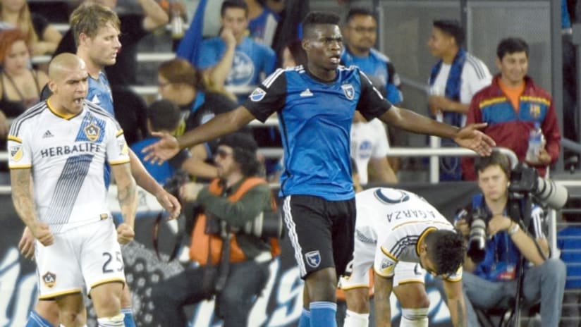 San Jose Earthquakes Fatai Alashe frustrated against LA Galaxy