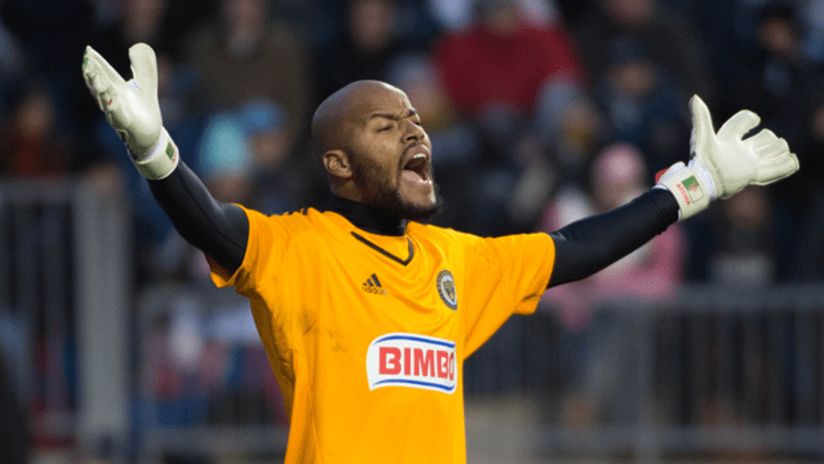 Philadelphia Union goalkeeper Rais Mbolhi shows some frustration