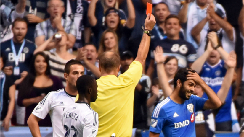 Victor Cabrera (Montreal Impact) is shown a red card against Vancouver