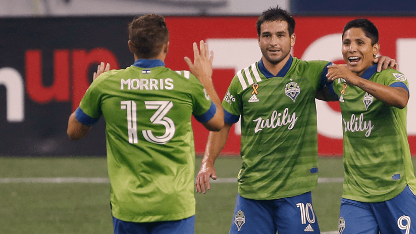 Jordan Morris, Nicolas Lodeiro, Raul Ruidiaz - Seattle Sounders - Celebrate