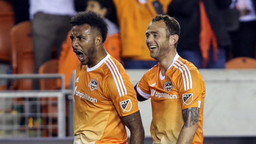 Houston Dynamo forward Giles Barnes celebrates after scoring