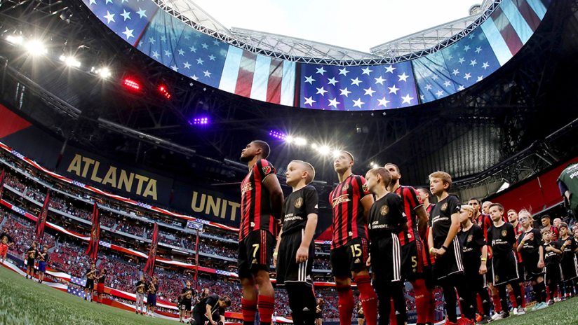 Atlanta United vs. Toronto FC - Mercedes-Benz Stadium with roof open - pregame anthems shot