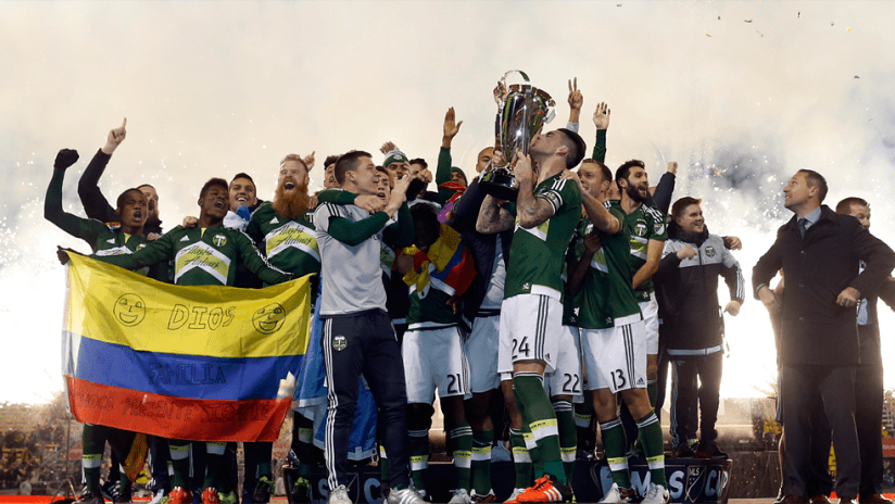 MLS Cup - 2015 - Timbers celebrate with trophy and fireworks