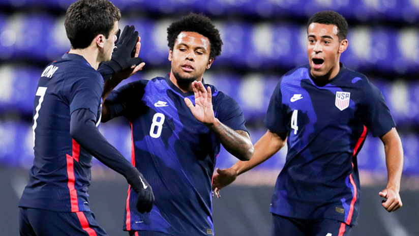 Tyler Adams Weston McKennie Gio Reyna celebrate goal - USMNT - November 16, 2020