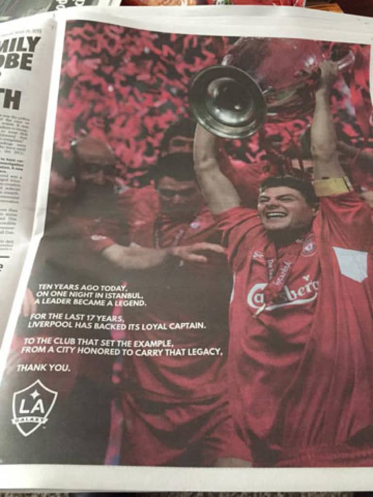 LA Galaxy honor Steven Gerrard by taking out a full-page ad in Liverpool Echo newspaper -