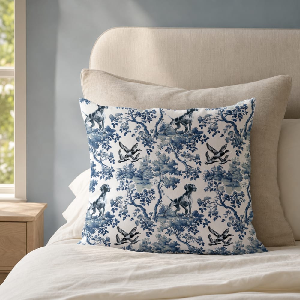 German Shorthaired Pointer garden toile pillow in a layered bedroom