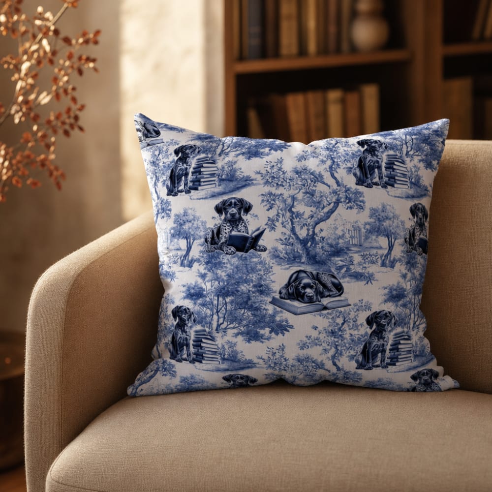German Shorthaired Pointer storybook toile pillow on a settee