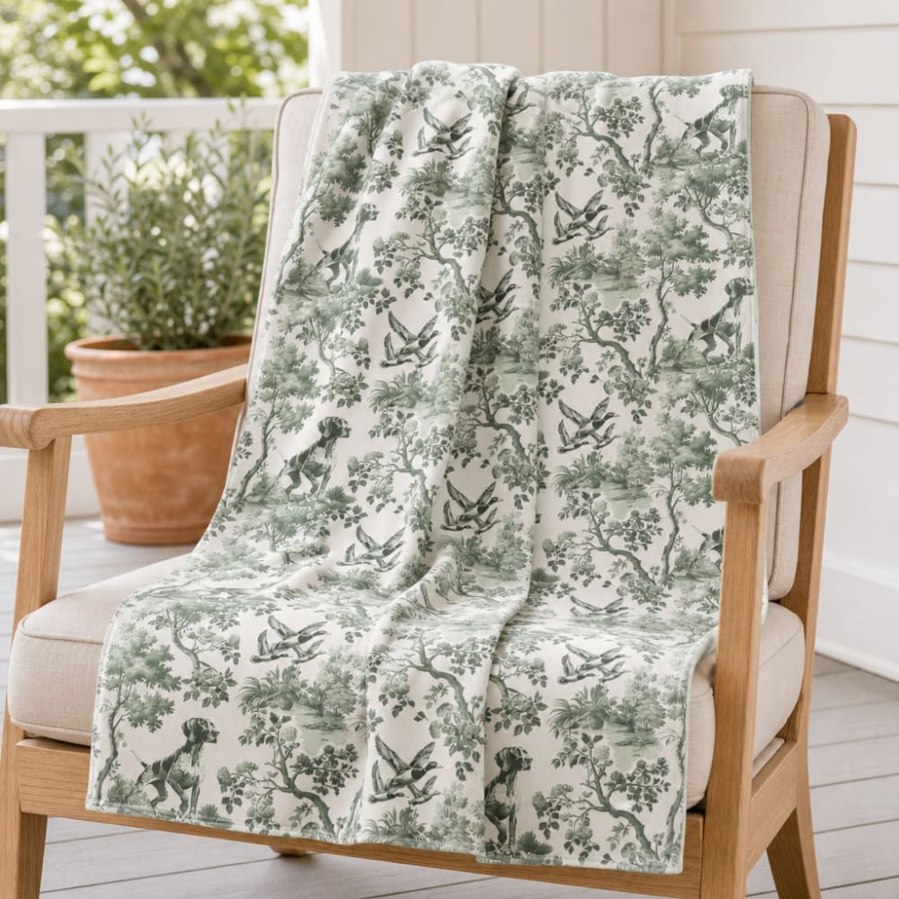 German Shorthaired Pointer blanket in sage green toile on a veranda