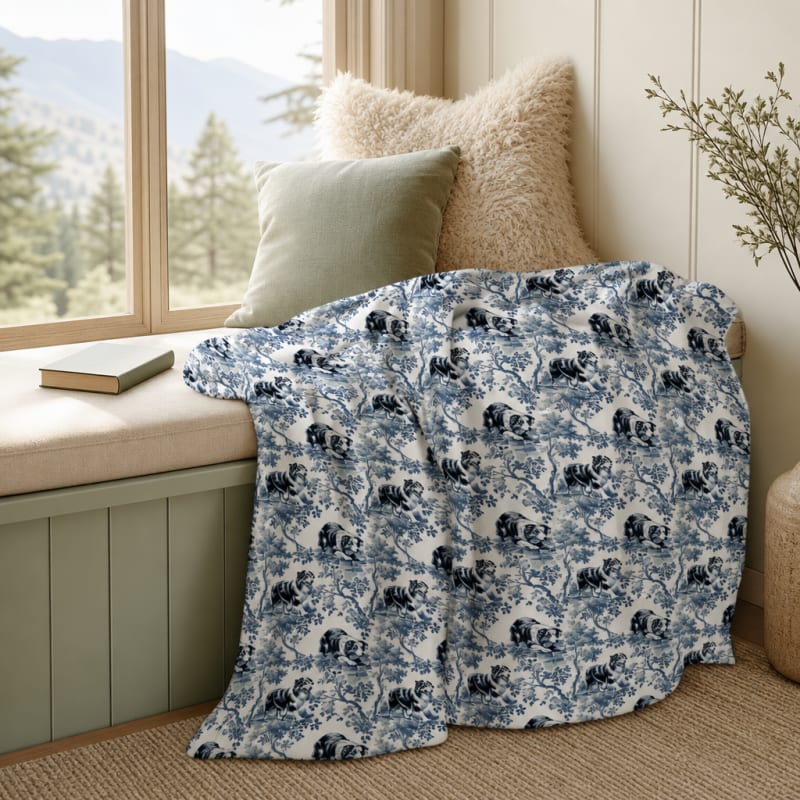 Australian Shepherd blue toile blanket on a window seat