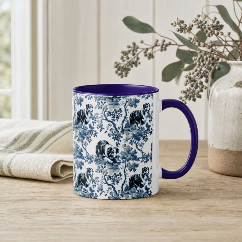 Australian Shepherd navy handle toile mug on a breakfast table