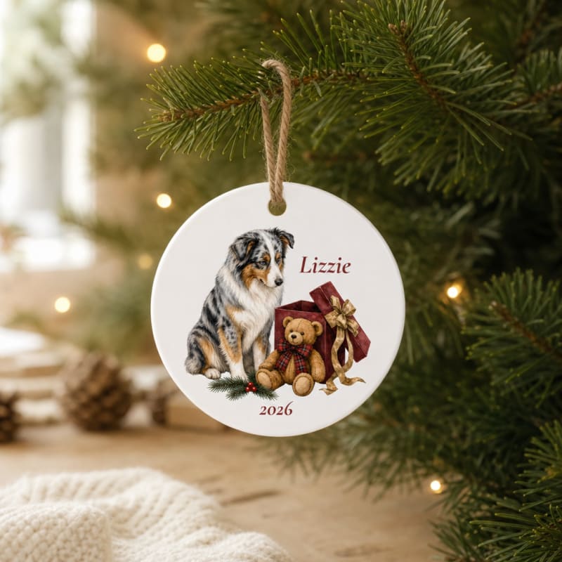 Personalized Australian Shepherd ornament with name and year