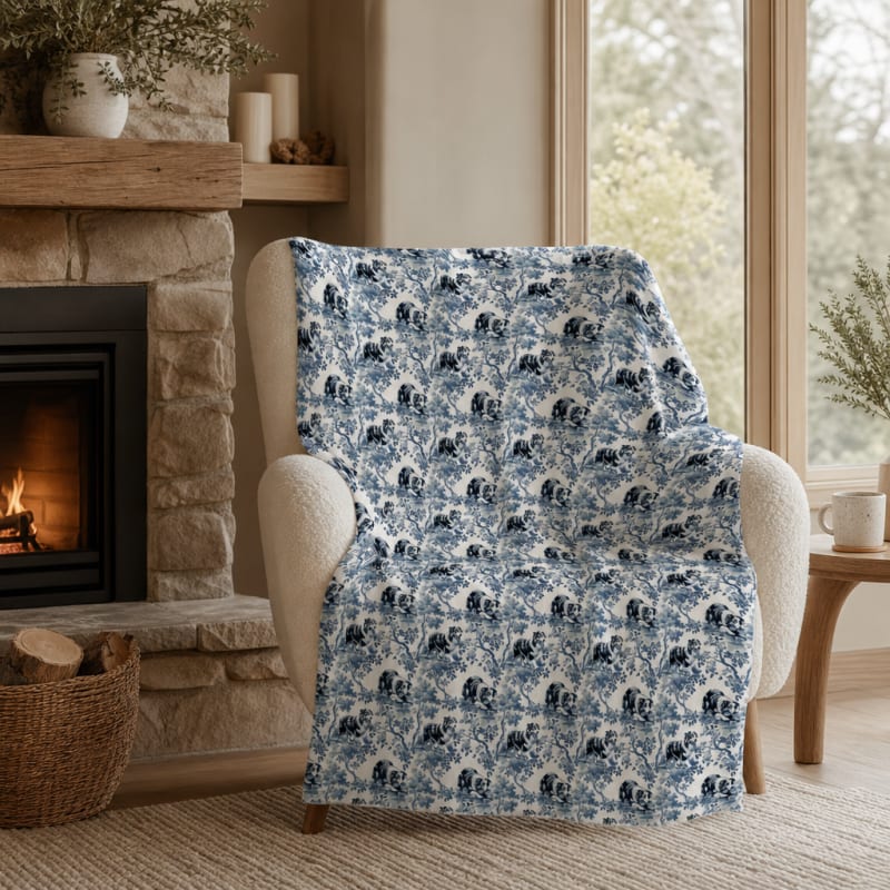 Australian Shepherd toile blanket by the fireside