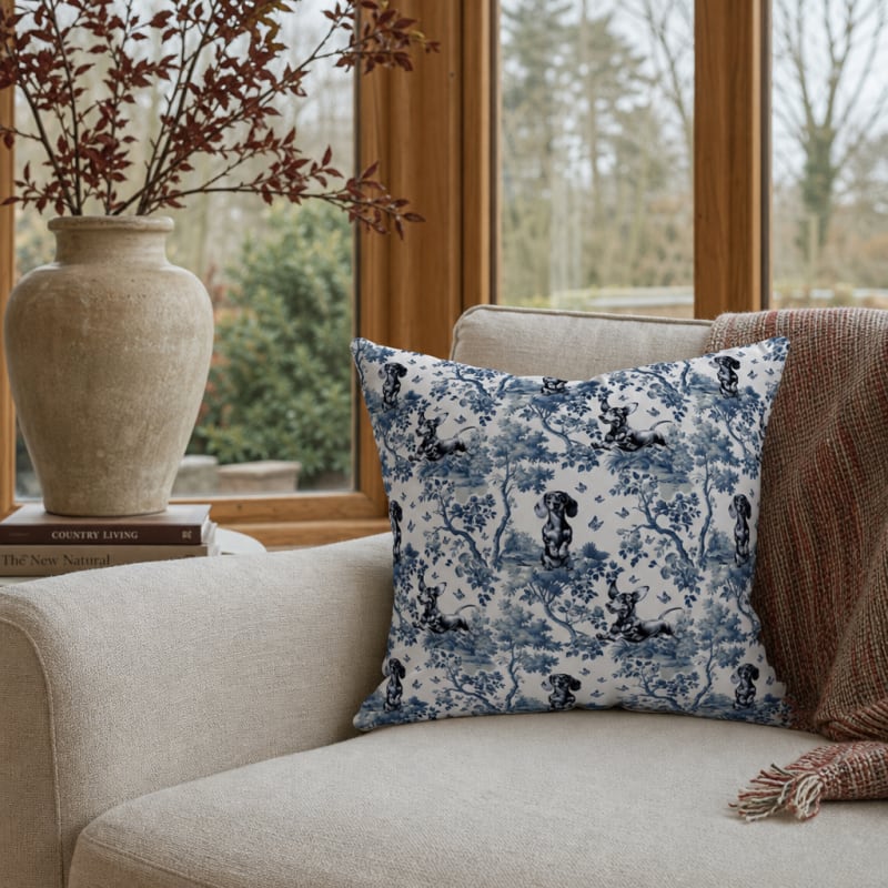 Dachshund garden toile pillow cover in a sunroom