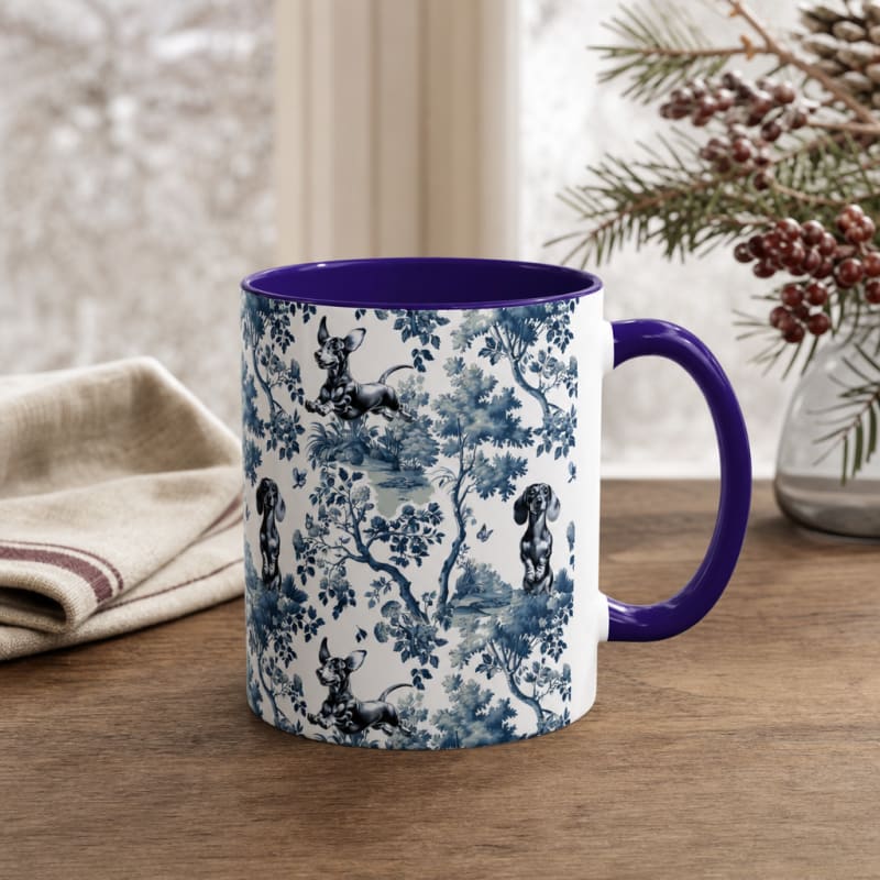 Dachshund navy handle toile mug on a breakfast table
