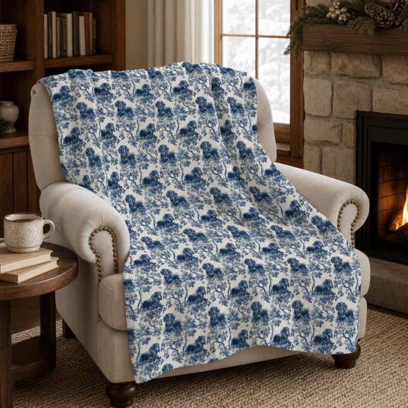 Longhaired Dachshund toile blanket by the fireside