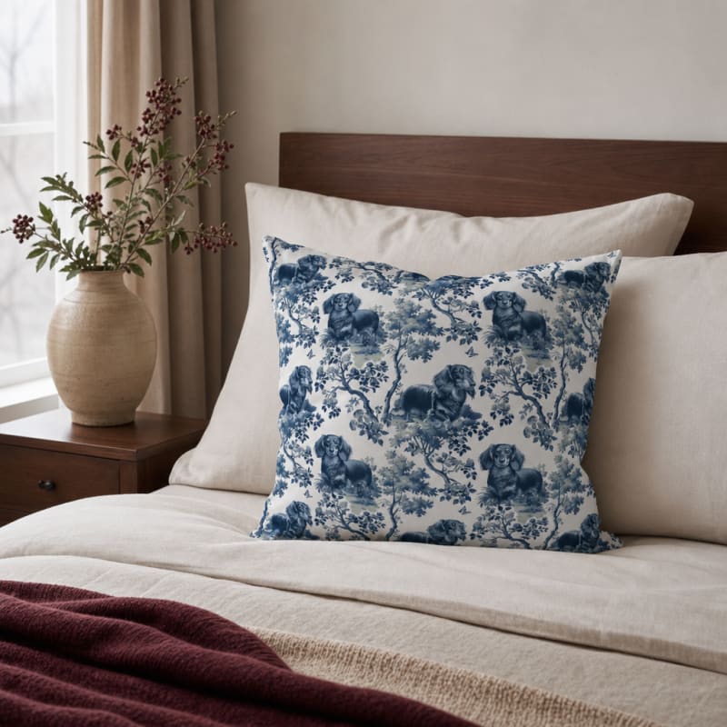 Longhaired Dachshund toile pillow cover on a bed