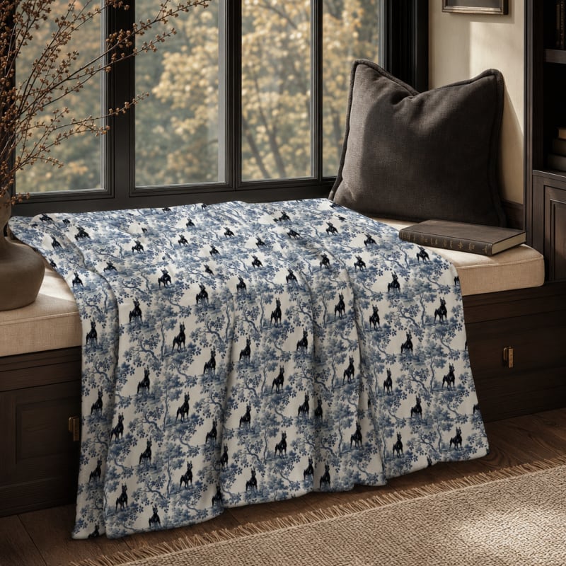 Doberman blanket in blue toile on a window seat