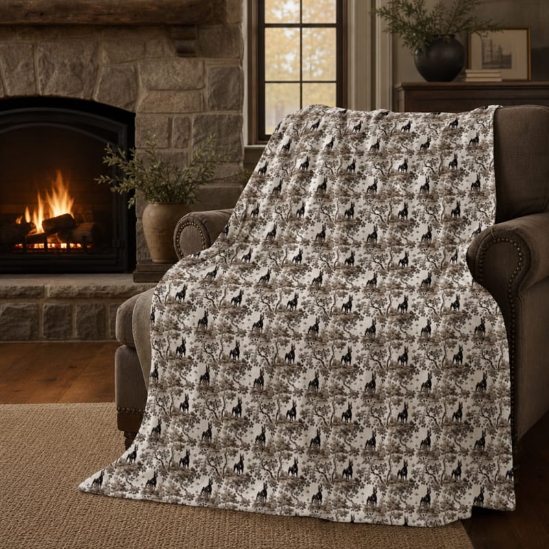 Doberman toile blanket, second colorway, by the fireside