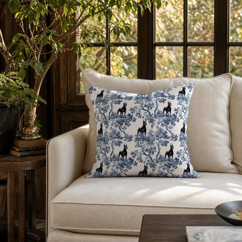 Doberman garden toile pillow cover in a sunroom