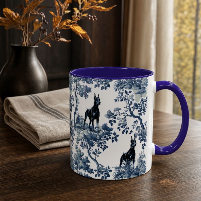 Doberman navy handle toile mug on a breakfast table
