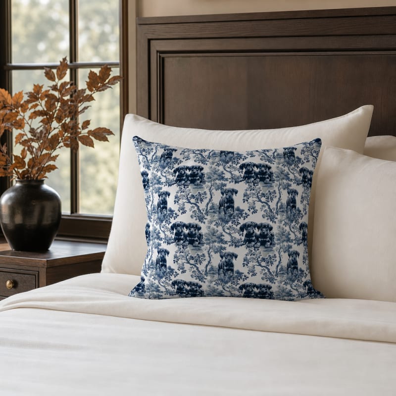 Doberman toile pillow cover, second design, on a bed