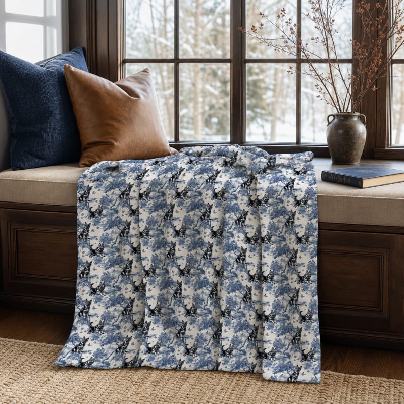 German Shepherd blue toile blanket on a window seat