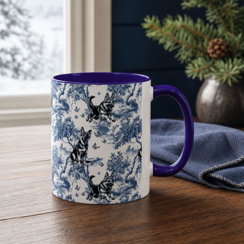 German Shepherd navy handle toile mug on a breakfast table