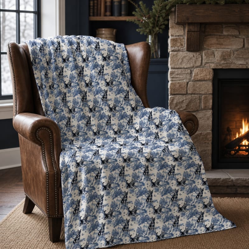 German Shepherd toile blanket in a reading nook