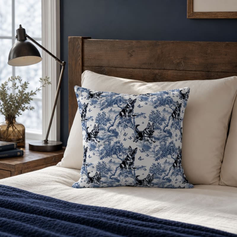 German Shepherd toile pillow cover in a bedroom