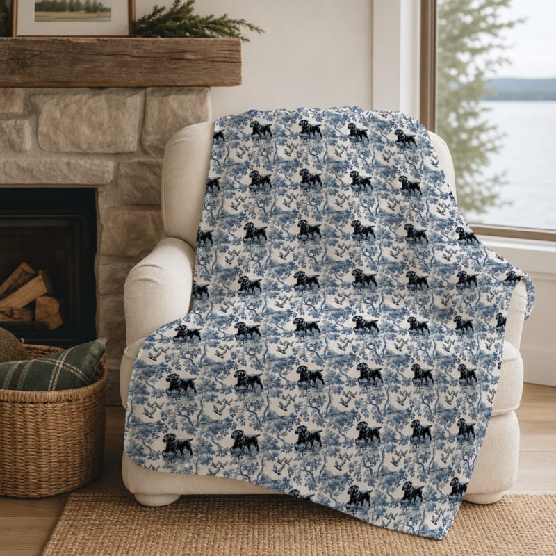 Black Labrador toile blanket by the fireside