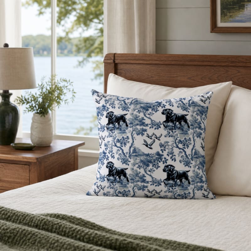 Black Labrador toile pillow cover on a bed