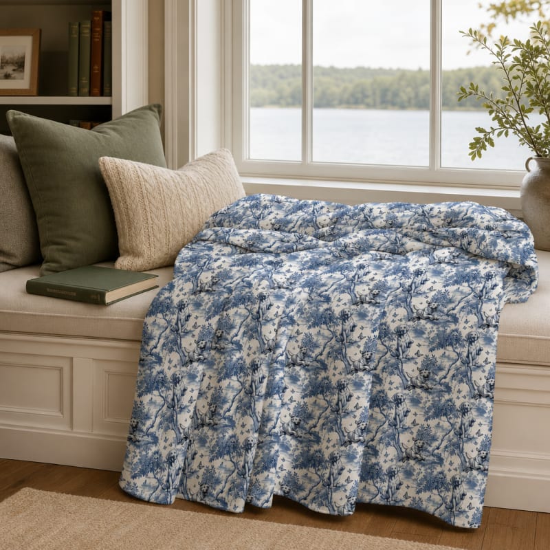 Labrador Retriever blue toile blanket on a window seat