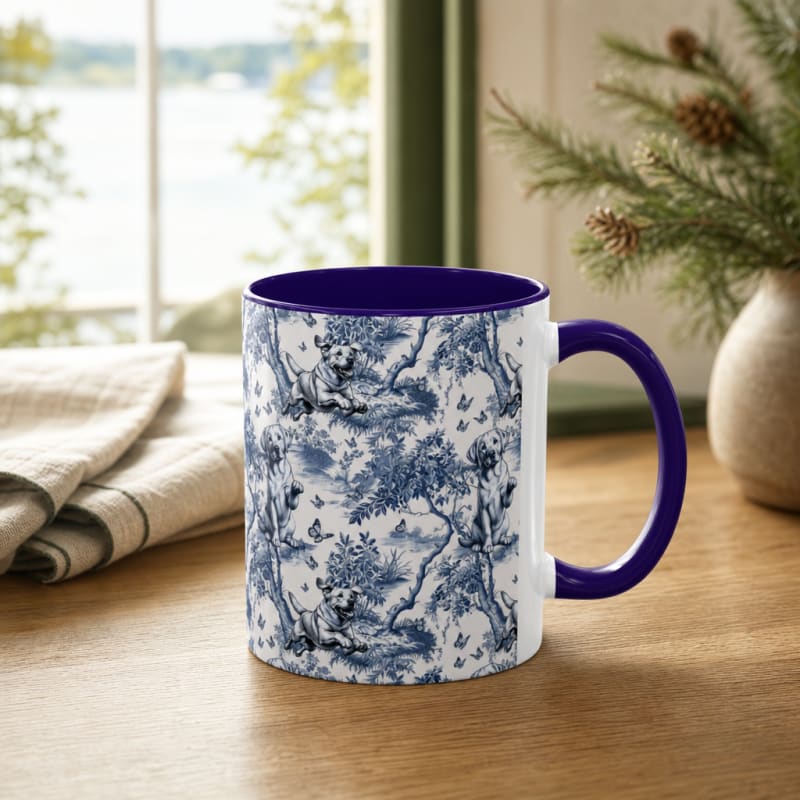 Labrador Retriever navy handle toile mug on a breakfast table