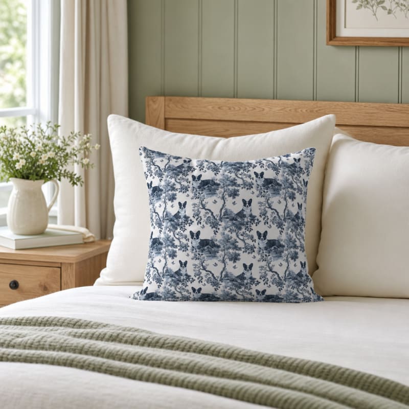 Corgi toile pillow cover in a bedroom