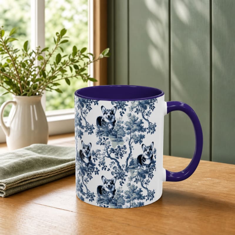 Corgi navy handle toile mug