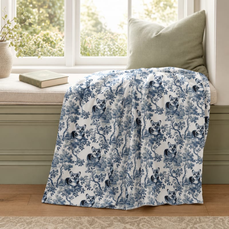 Corgi blanket in blue toile