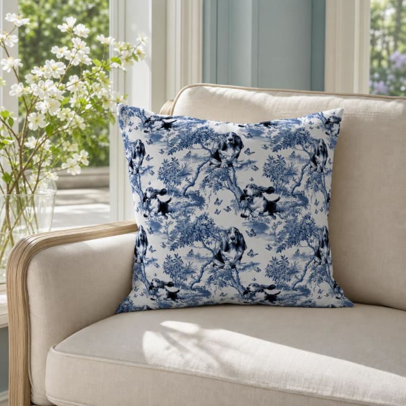 Basset Hound breed toile pillow cover in a sunroom