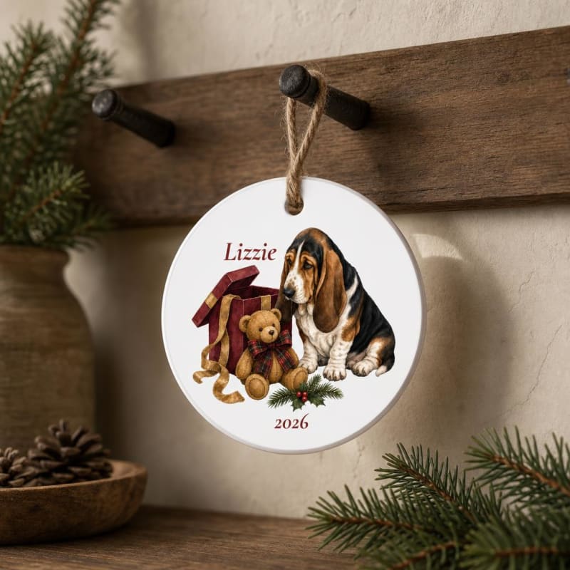 Personalized Basset Hound ornament, ready for the tree