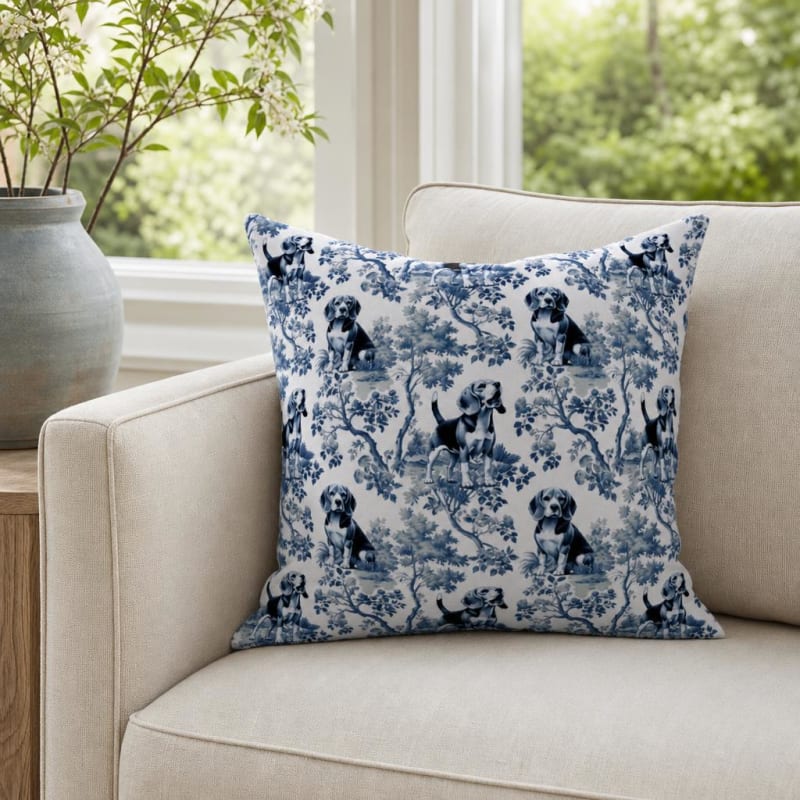 Beagle breed toile pillow cover in a sunroom