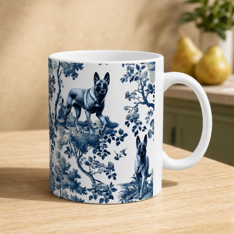 Belgian Malinois navy handle toile mug on a breakfast table