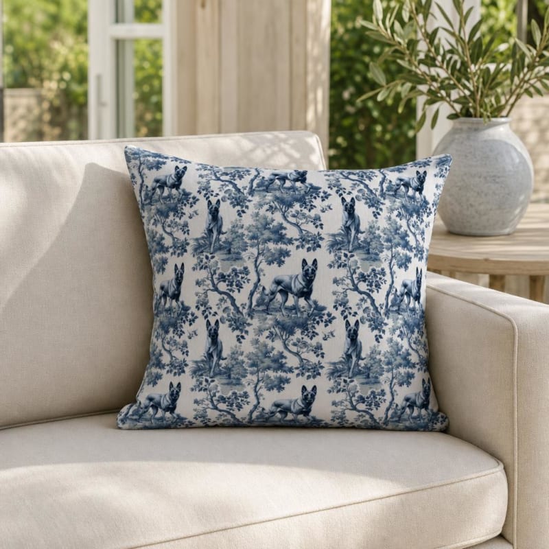 Belgian Malinois breed toile pillow cover in a sunroom